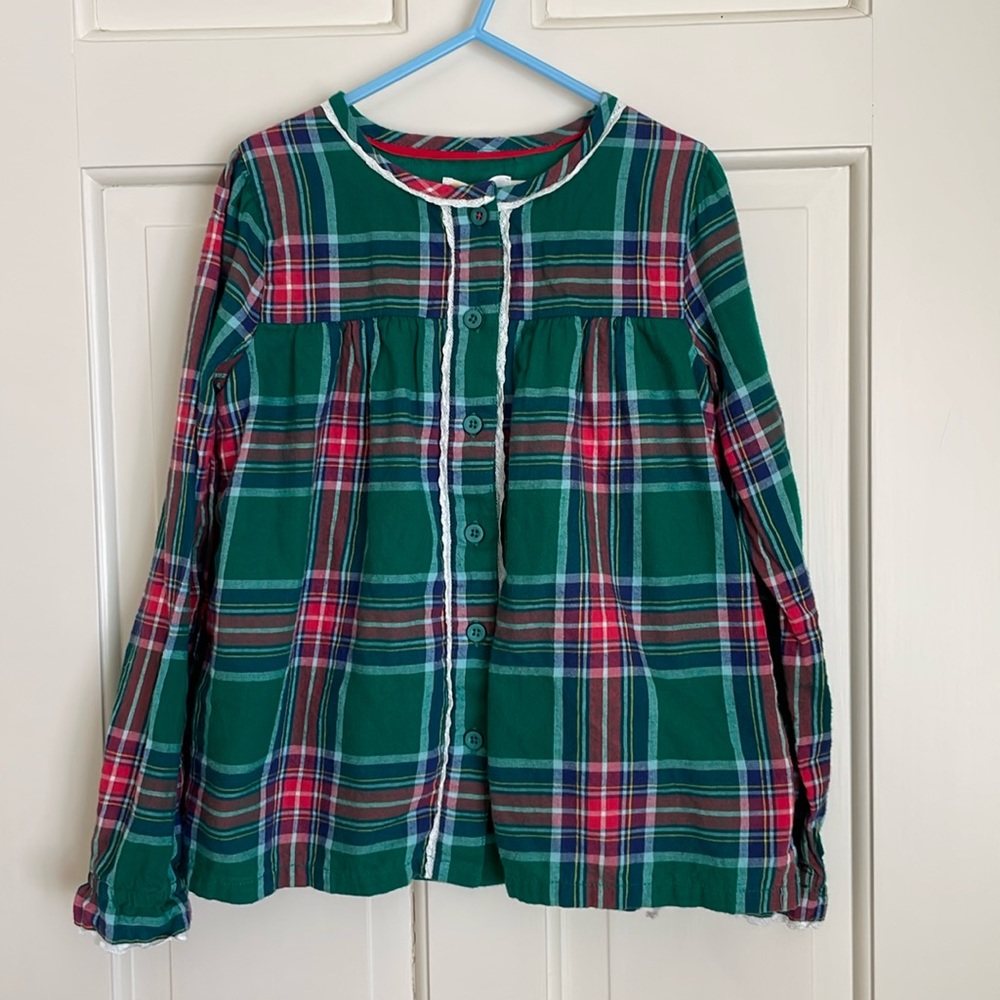 Green, blue, red tartan flannel button down shirt